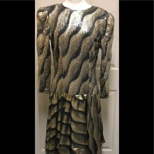 Vtg 80s Black & Gold Lame Sequin Cocktail Dress